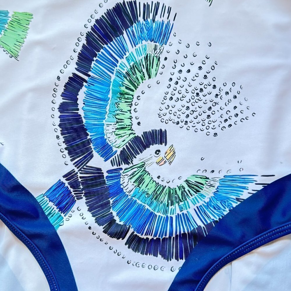 Noracora One Piece NEW WITH TAGS V-Neck Bird Print White has Royal Blue Trim XXL - Picture 5 of 14